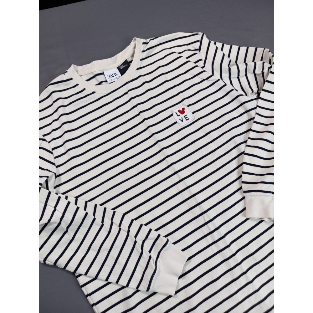 Zara Disney Mickey Mouse Striped Sweatshirt Womens Medium White Navy Blue LOVE